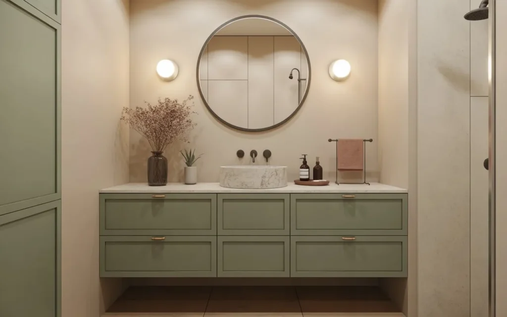 cream bathroom walls with sage green cabinets