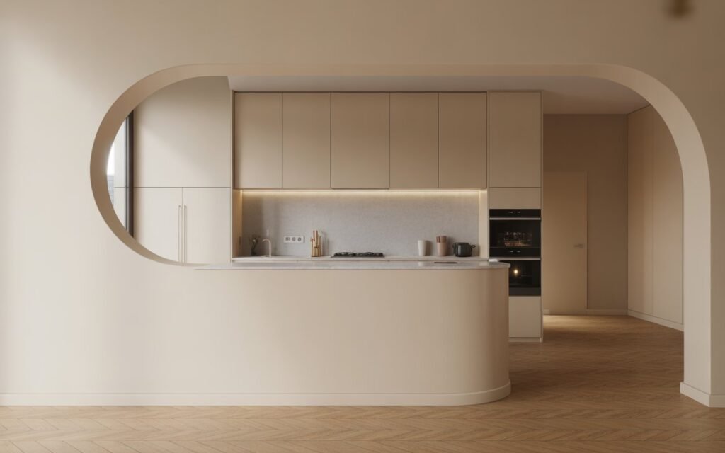 curved half wall kitchen living room