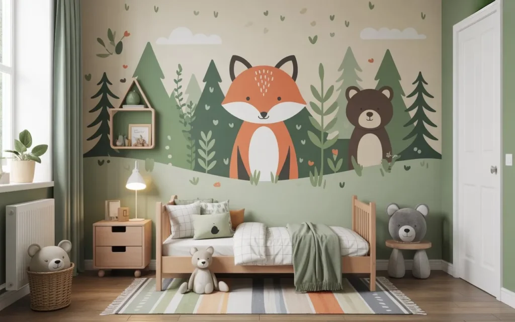 woodland animal themed toddler room with cozy decor
