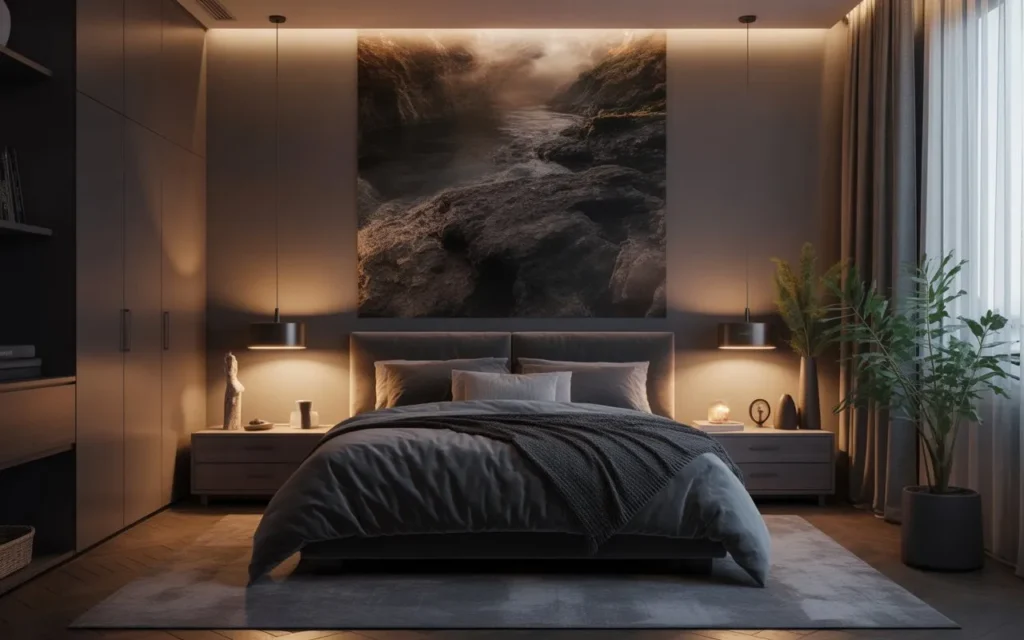 dark bedroom aesthetic with statement wall art