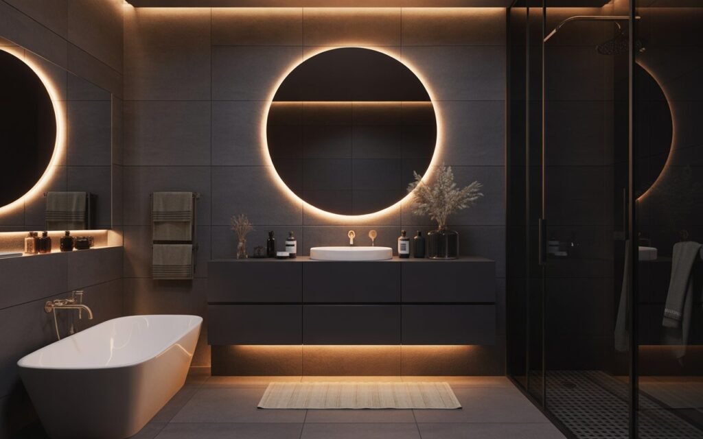 dark bathroom with glowing backlit mirror and black vanity