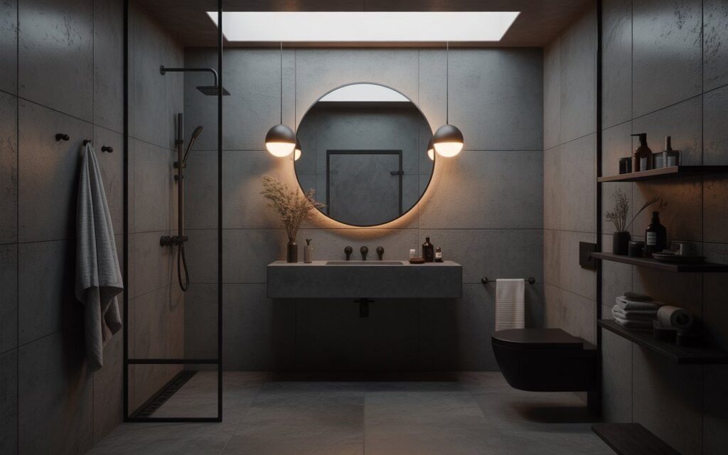 dark bathroom with concrete finish walls and industrial style