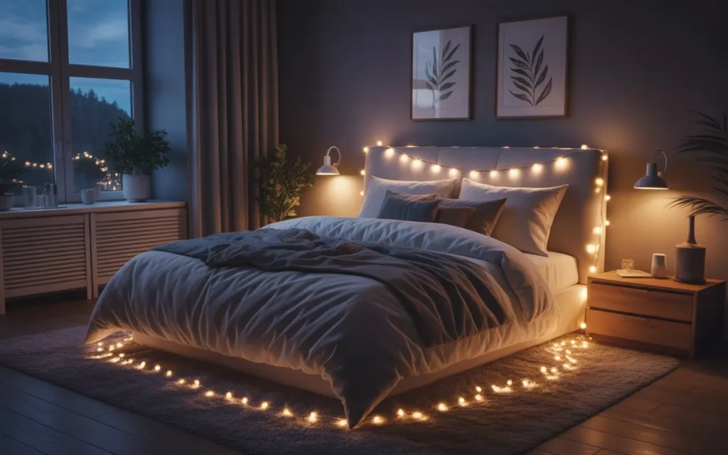 dark room aesthetic with fairy lights