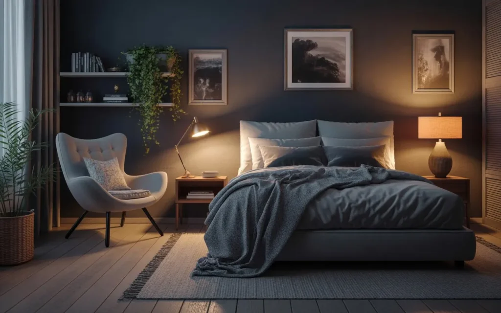 dark room aesthetic with cozy reading corner