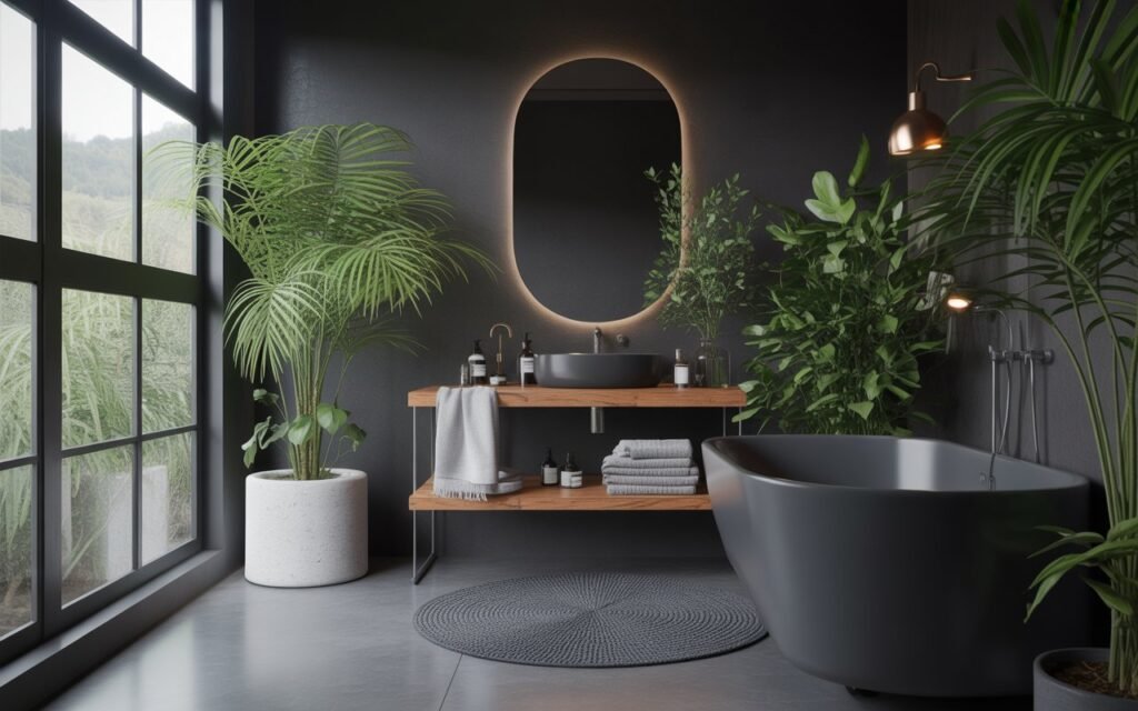 dark bathroom with indoor plant and natural light contrast