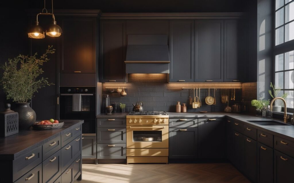 dark aesthetic kitchen with black cabinets and warm lighting