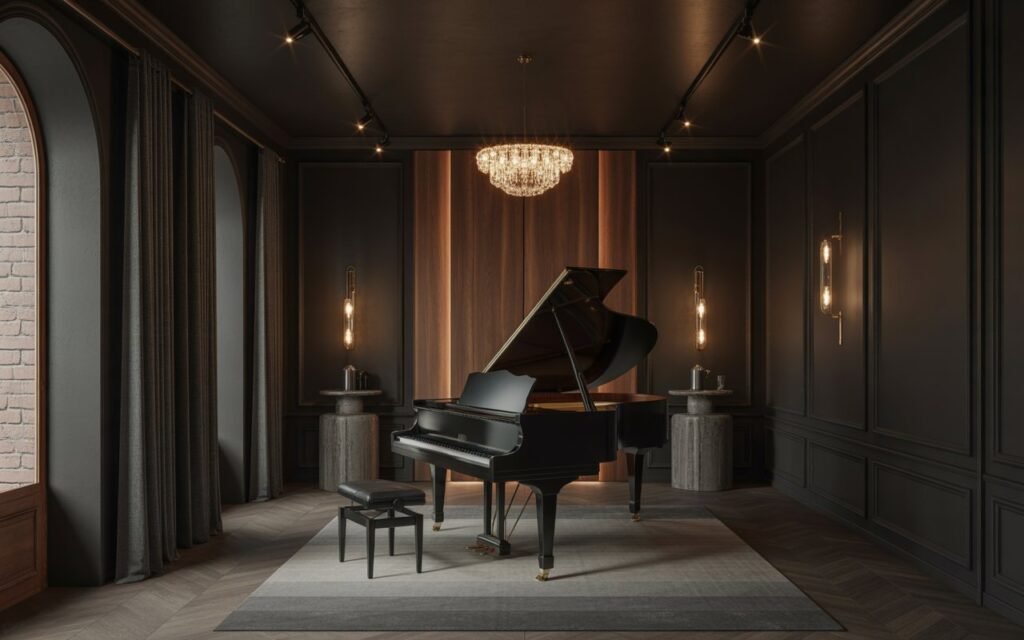 dark moody piano room with dramatic lighting and grand piano