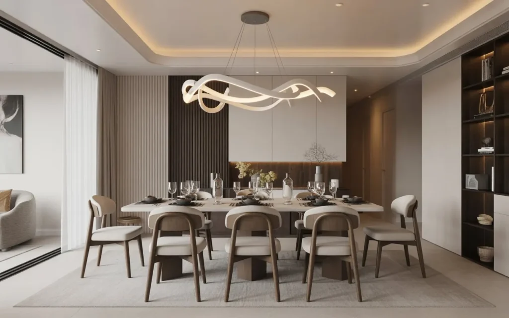 sculptural modern chandelier in stylish dining room