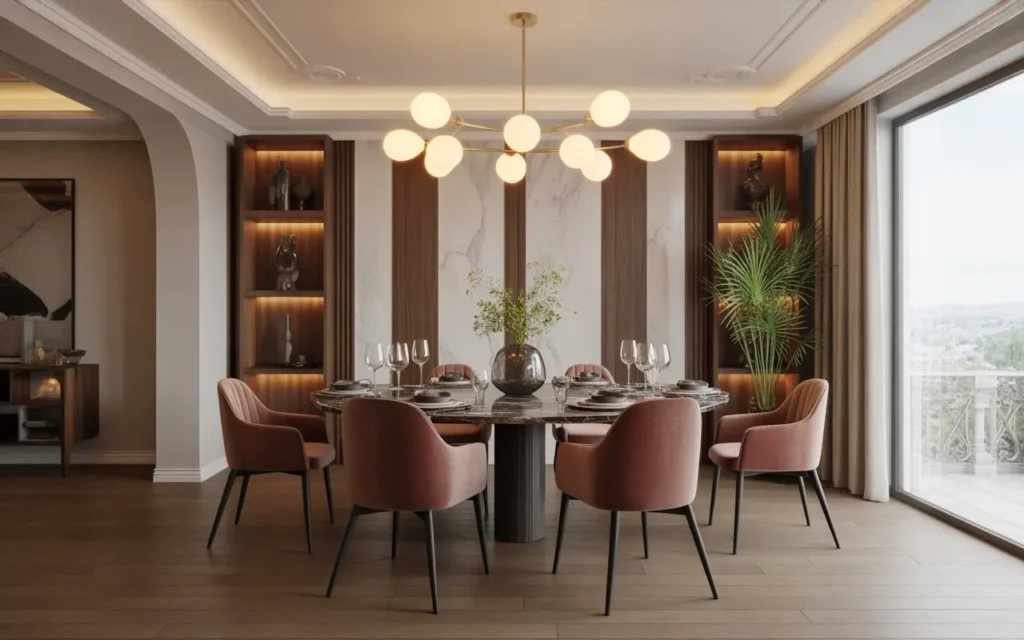 gold dining room light fixture above marble table
