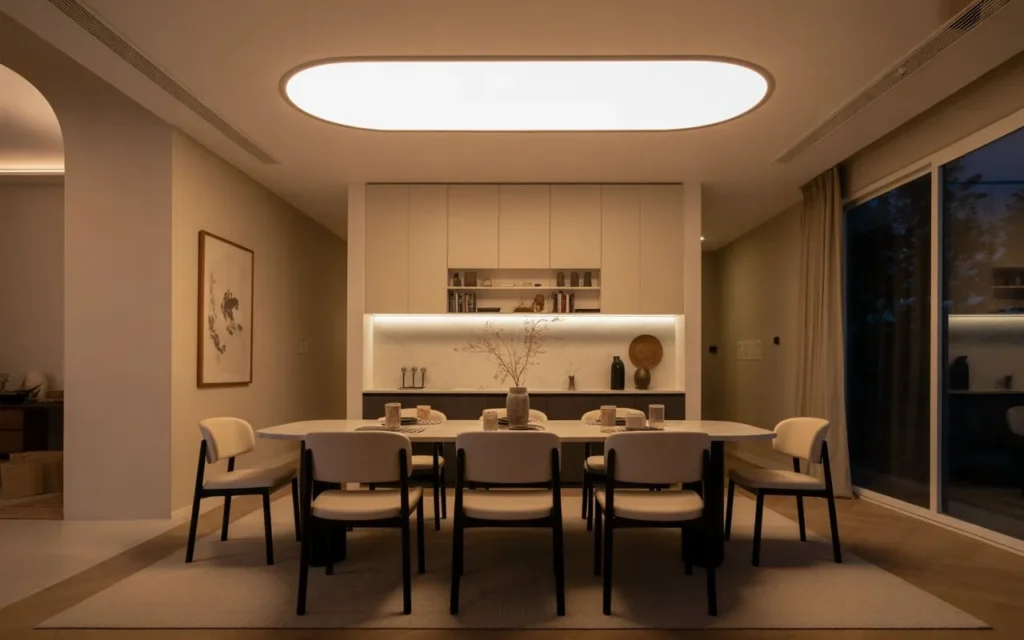 oval dining room light fixture above rectangular table