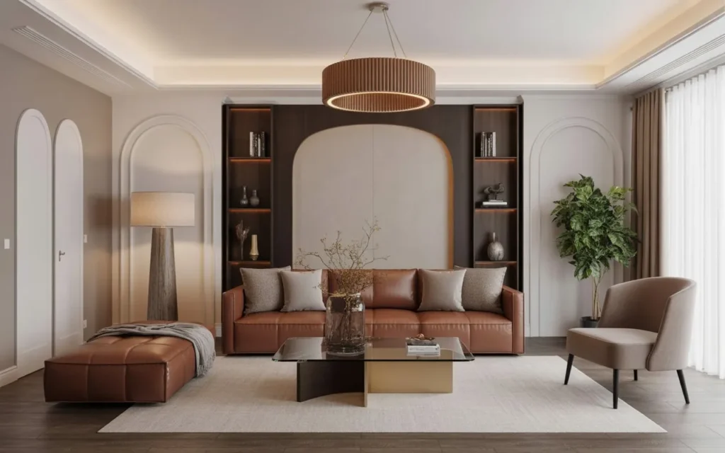 elegant living room decor with brown couch