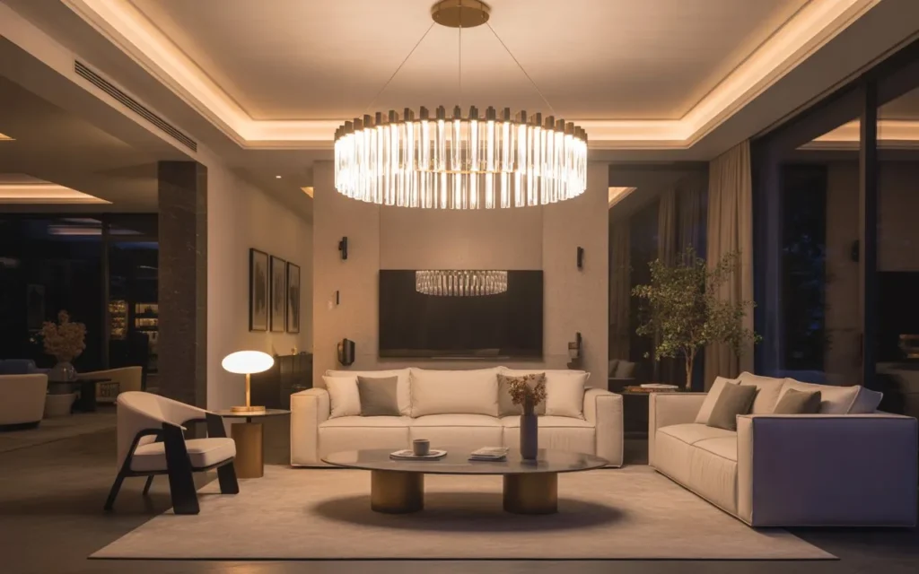 modern chandelier lighting idea in a stylish living room