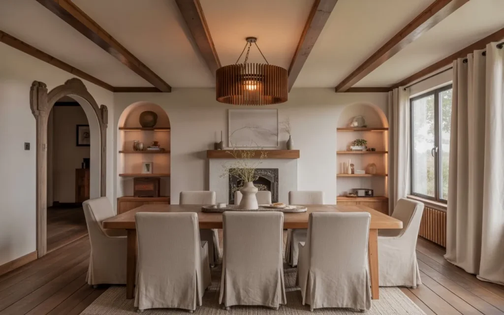 rustic farmhouse wooden light fixture in dining room