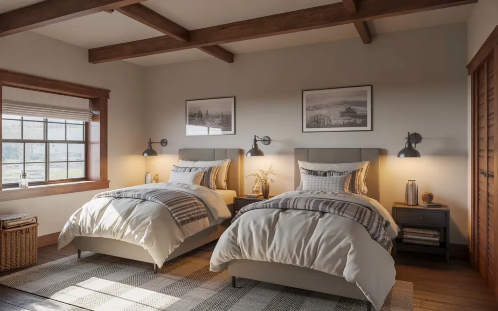 farmhouse guest bedroom with twin beds and wooden accents