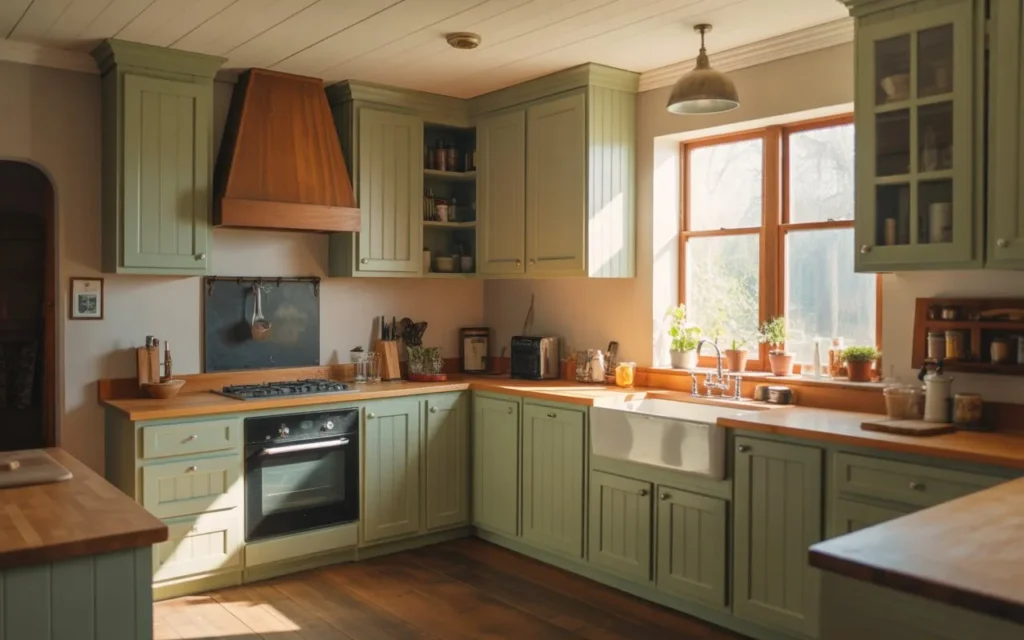 sage green farmhouse kitchen cabinets with butcher block countertops