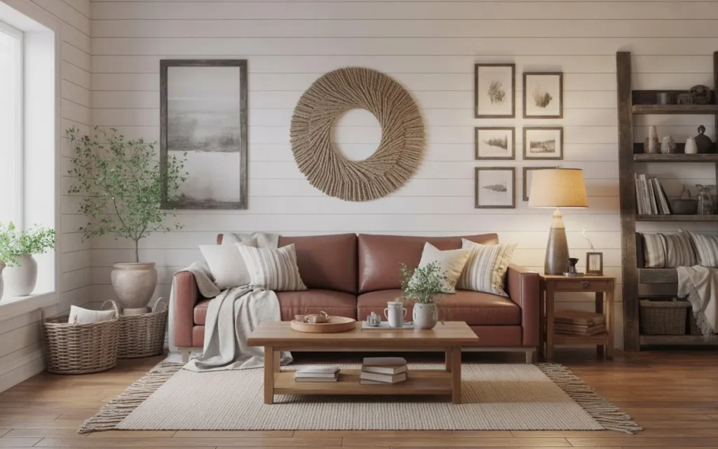 farmhouse living room decor with brown couch