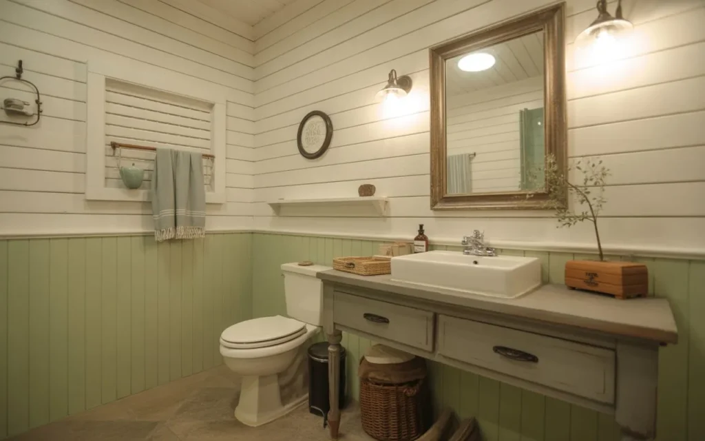 farmhouse bathroom with sage green decor