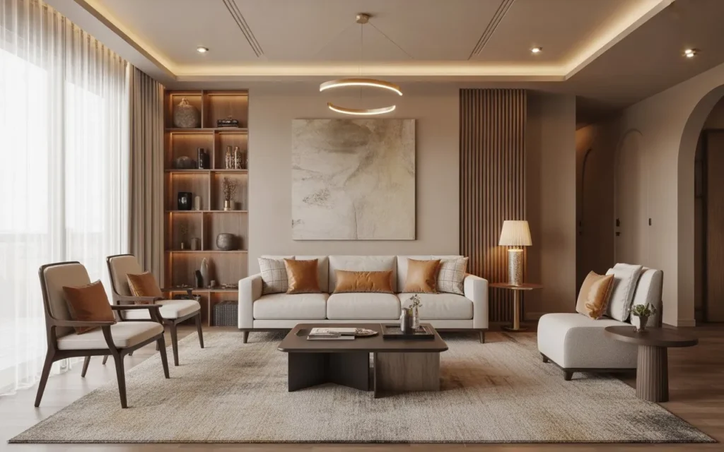 floating furniture living room layout idea with central seating area