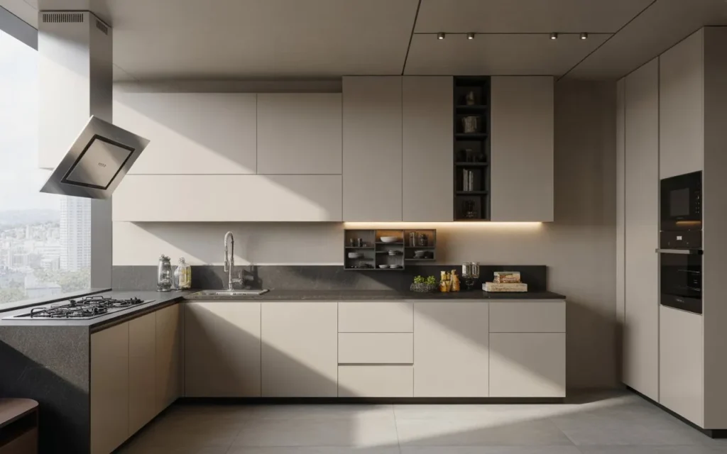 floating modern kitchen cabinet design with under cabinet lighting