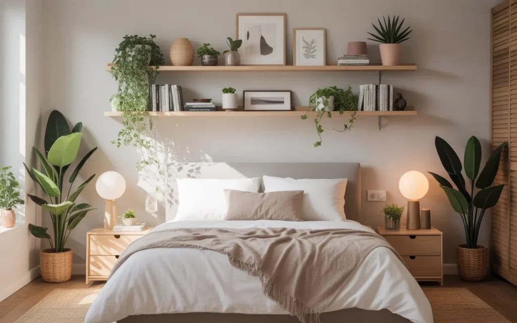 floating shelves above bed in cozy bedroom decor