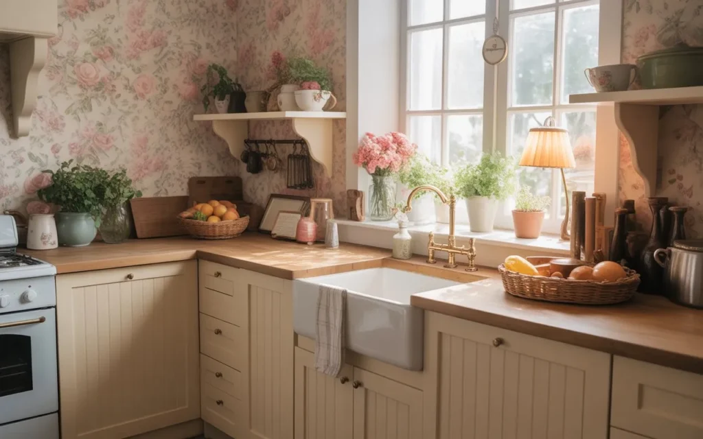 floral wallpaper accent wall in cozy cottage core kitchen