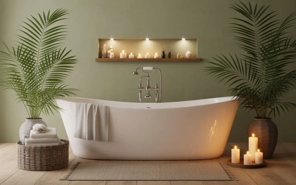 freestanding bathtub with sage green wall