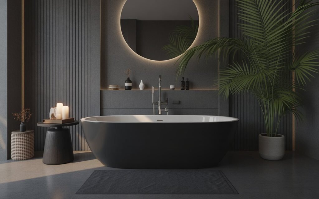 freestanding black bathtub in a moody luxury bathroom