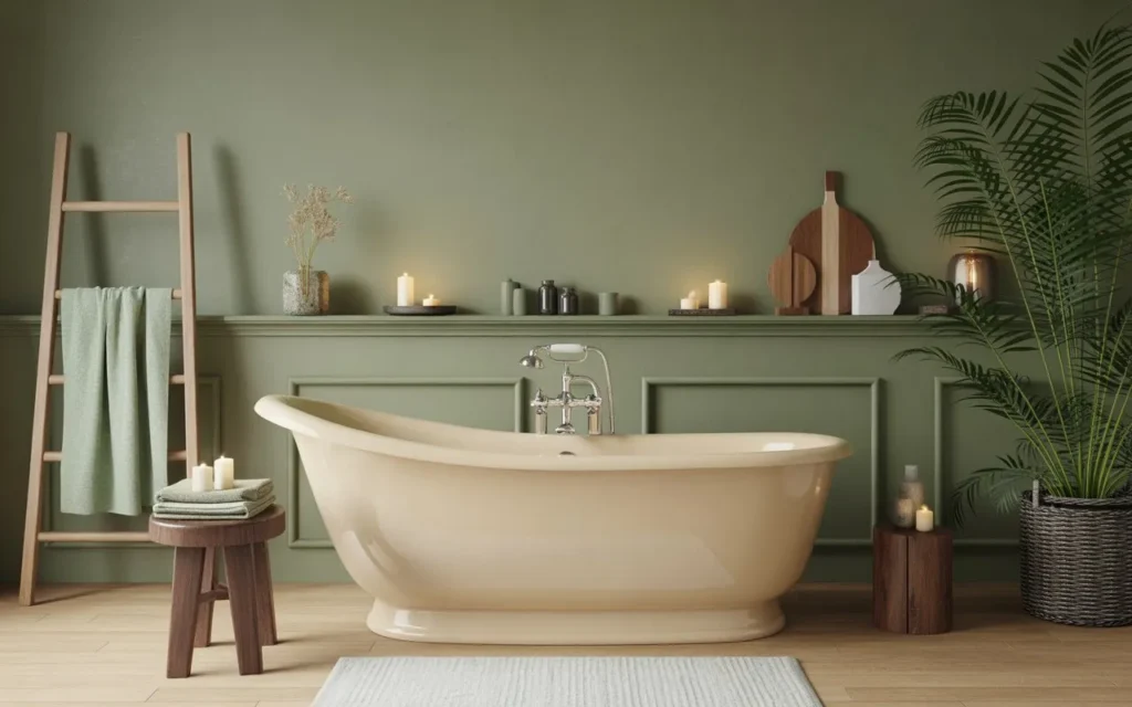 cream bathtub with sage green wall background