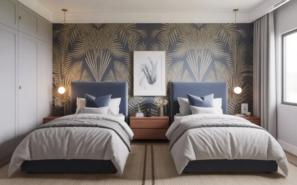 guest bedroom with twin beds and bold accent wall