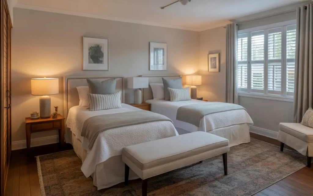 guest bedroom twin beds with bench between them