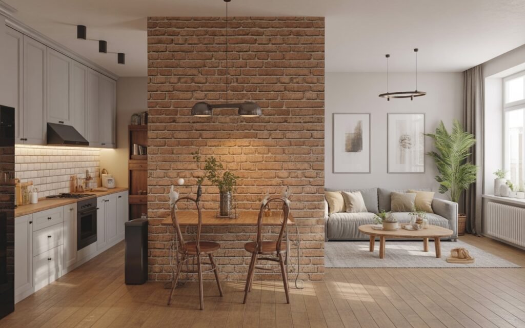 brick half wall kitchen living room
