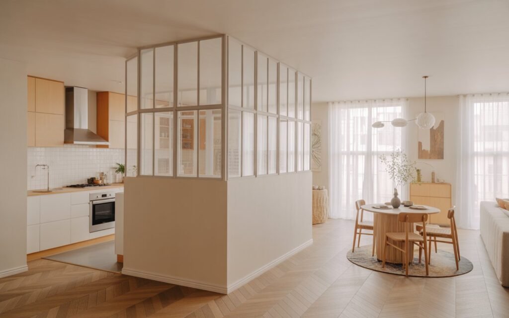 glass half wall kitchen living room divider