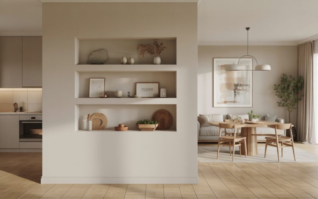 half wall with shelves kitchen living room