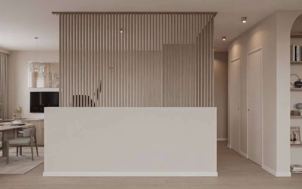 slatted half wall divider kitchen living room