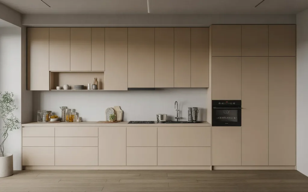 handleless modern kitchen cabinet design with flat panel doors