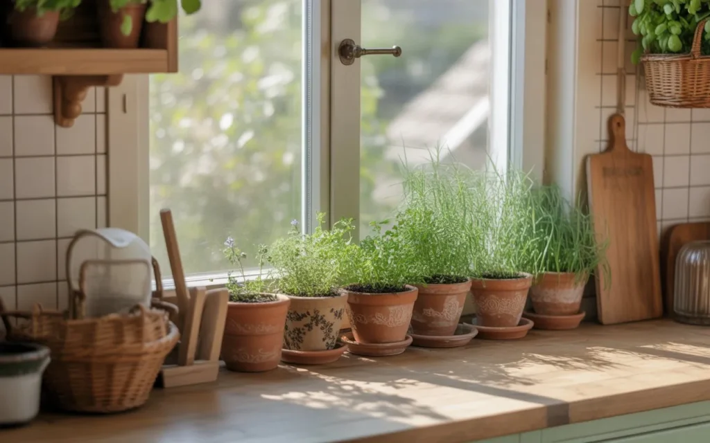 small herb garden on kitchen windowsill in cottagecore kitchen