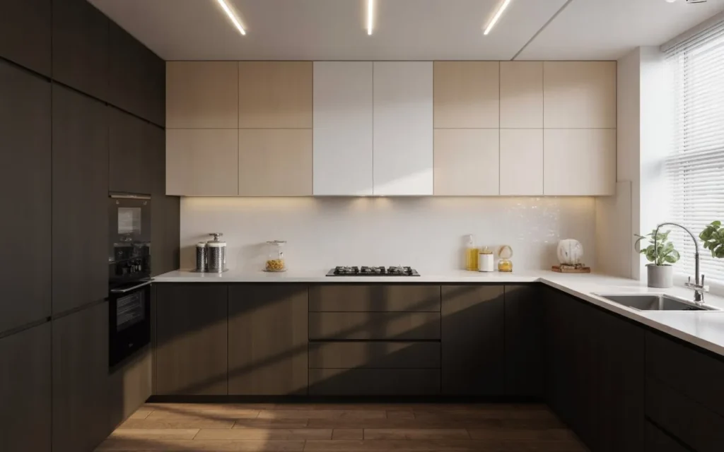 high contrast modern kitchen cabinet design with dark and light combination