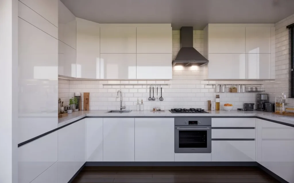 glossy white modern kitchen cabinet design in small kitchen