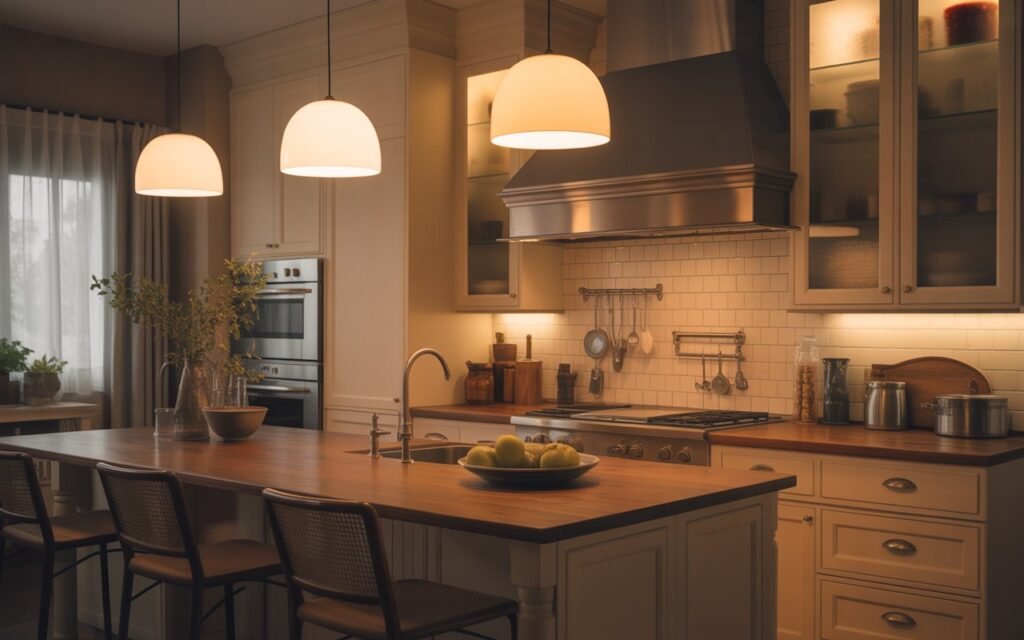 kitchen with layered lighting design