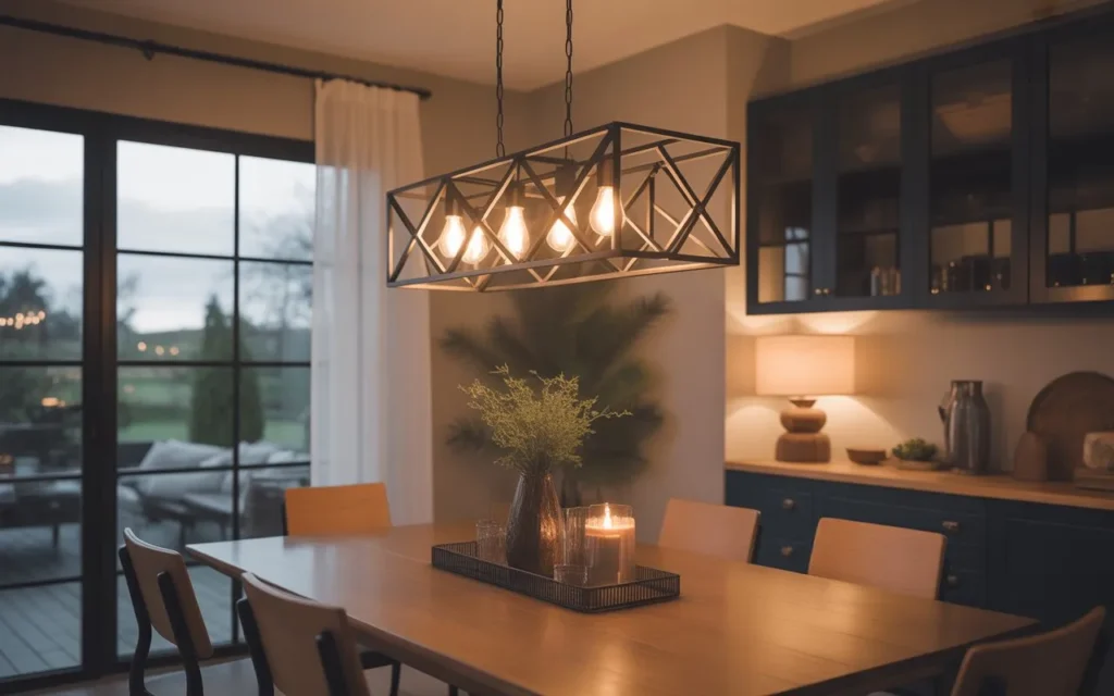 lantern chandelier above dining table