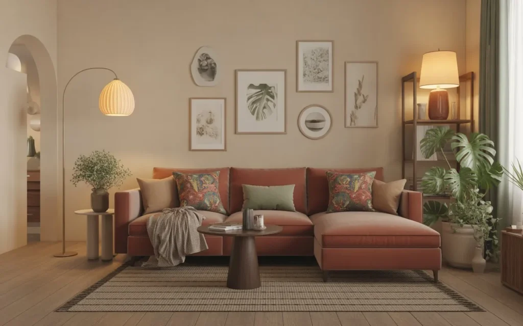 brown couch living room with colorful pillows
