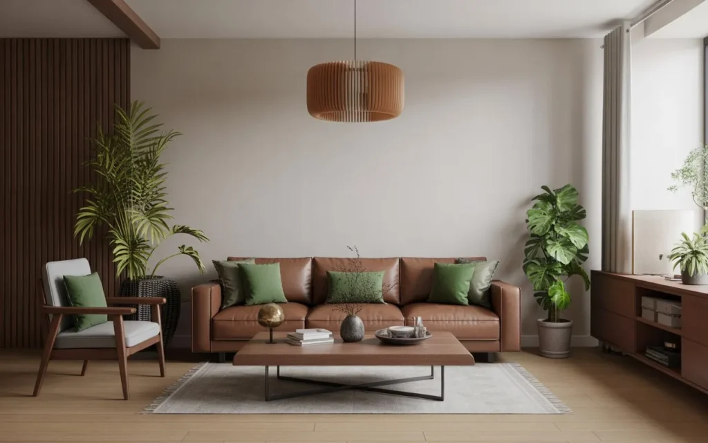brown couch living room with green decor accents
