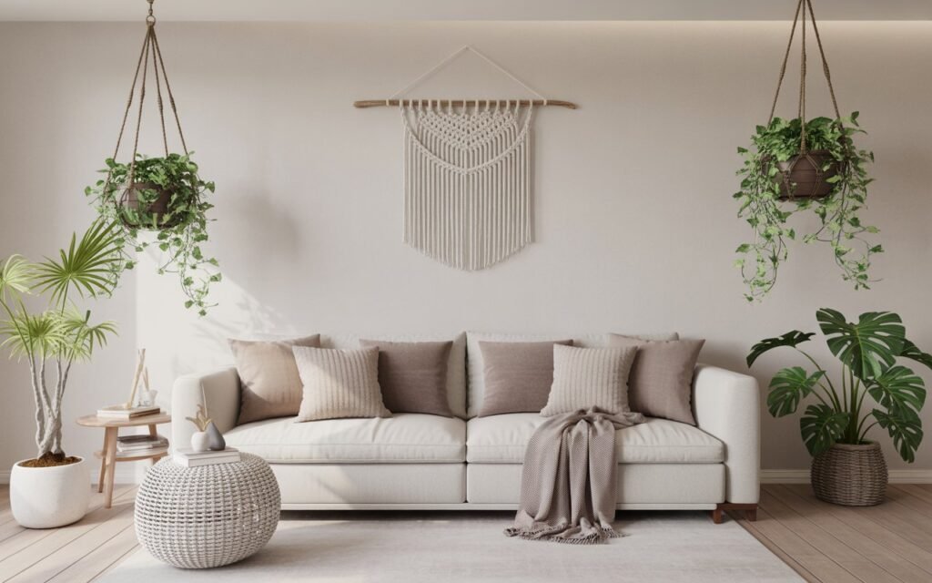 hanging plants in living room adding vertical decor
