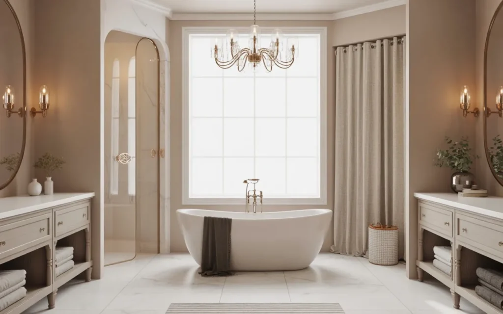 freestanding soaking tub in a luxury spa style bathroom 
