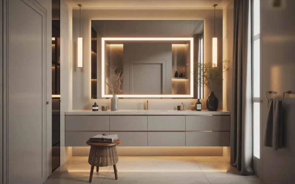 statement mirror in luxury bathroom vanity