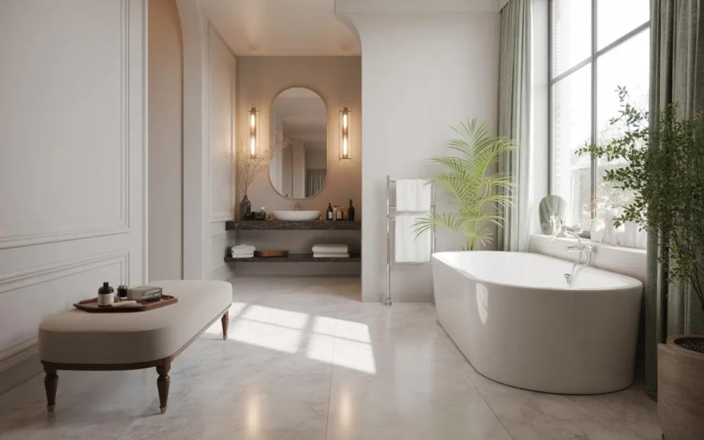 seating bench in luxury bathroom design