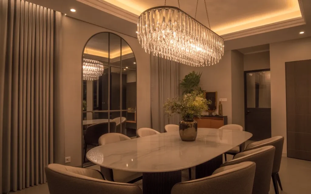 crystal chandelier light fixture in luxury dining room