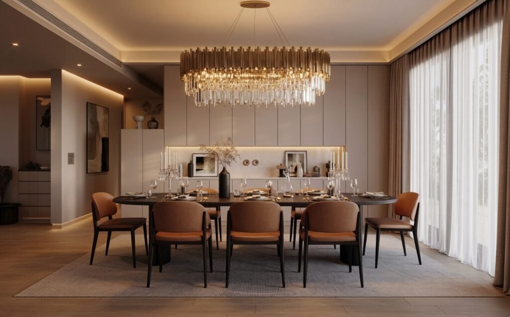 luxury statement chandelier in elegant dining room
