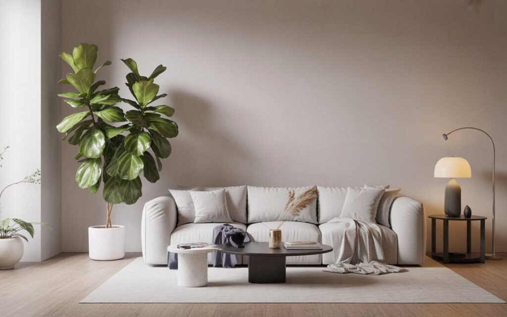 large statement plant in living room corner with modern decor