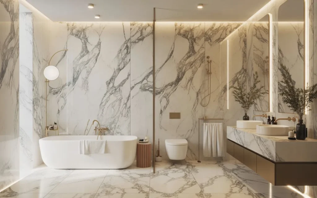 marble surfaces in a luxury bathroom design